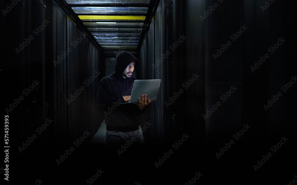 Aufkleber Man with laptop, hacker and dark web for cyber security, server and browse internet. Hacker, male scammer and IT specialist with device, programmer or data analysis with pc, cloud computing or coding