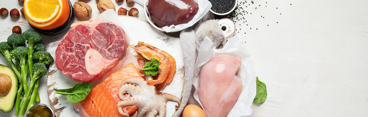 Food high in coenzyme Q10 on light gray background. Healthy eating concept. .Food high in coenzyme Q10 on light gray background. Healthy eating concept. Top view, flat lay, copy space.