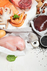 Food high in coenzyme Q10 on light gray background. Healthy eating concept. .Food high in coenzyme Q10 on light gray background. Healthy eating concept. Top view, flat lay, copy space.