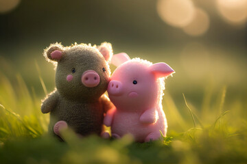 Couple pigs dolls hugging flowers garden, Valentine's day concept. Generative AI