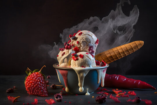 Cold and spicy ice cream with chilli and berries photography made with Generative AI