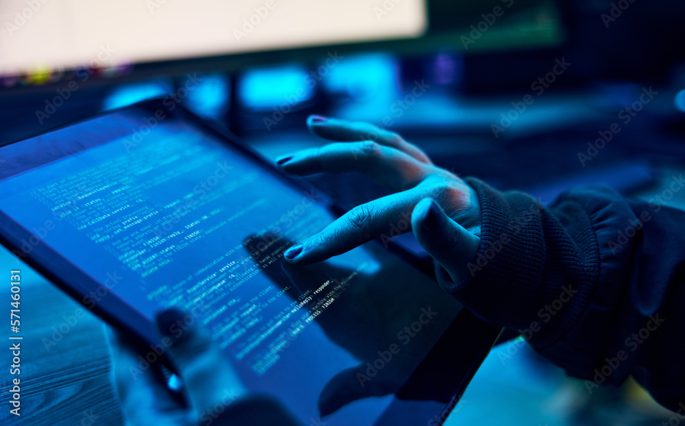 Fototapete Tablet, programmer hands and html screen for coding software system. cyber security ro database hacking. Information technology, programming or coding hacker person on script app in neon night office
