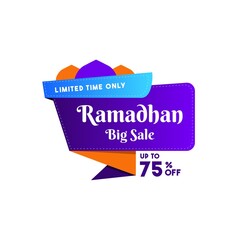 Ramadan Sale, offer up to 75% off. Isolated on ribbon on white background. Limited time only