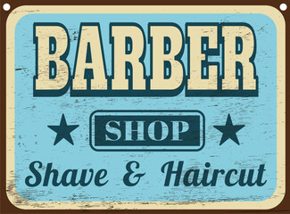 Retro barber shop sign on wood grain texture