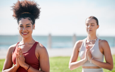 Yoga, praying and portrait of black woman in zen fitness class, exercise and mindfulness for healing and peace. Meditation, beach or park of sports people or USA personal trainer prayer and namaste