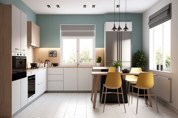 Fototapeta premium Modern kitchen with chairs at the island. Photo generative AI