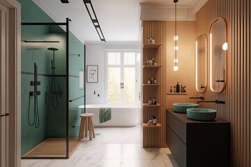 Spacious apartment bathroom with shower and tub. Photo generative AI