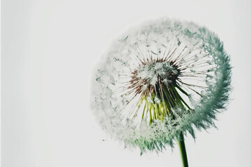 A single dandelion with its egrets, representing hope and positivity in a dreamy, minimalist style. White and light green colors. Generative AI