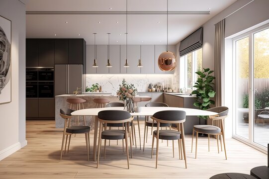 Luxurious apartment kitchen with dining area. Photo generative AI