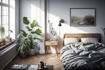 Modern Apartment Interior Design in Paris: Domestic Bedroom with Bed, Heater, Potted Plant and Side Table. Photo generative AI