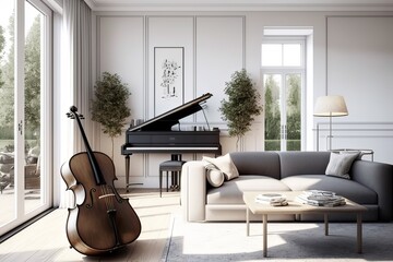 Modern Living Room in London: Spacious Interiors with Musical Instruments. Photo generative AI