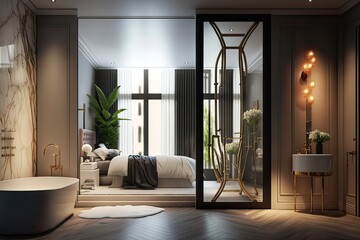 Fototapeta premium Luxurious Interior Design of a Five-Star Hotel Room Suite in Paris. Photo generative AI
