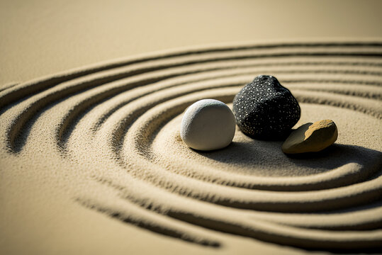 An inspiring Zen garden, with shades of gray and white. A symbolic image of the search for balance and simplicity in life. Generative AI