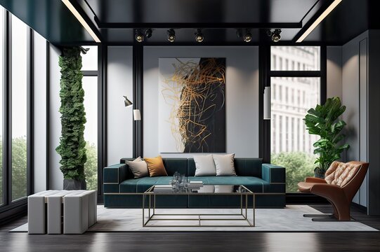 Downtown living room with contemporary style furniture. Photo generative AI