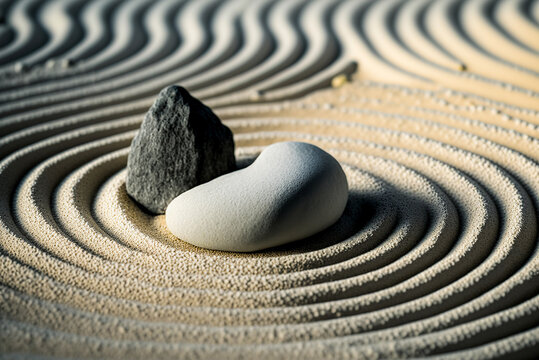 Zen rock garden with minimalistic pallete of greys and whites, depicting the concept of balance and simplicity in life for mindfulness and minimalism product promotion. Generative AI
