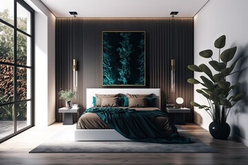 Modern luxury bedroom interior with garden view. Photo generative AI