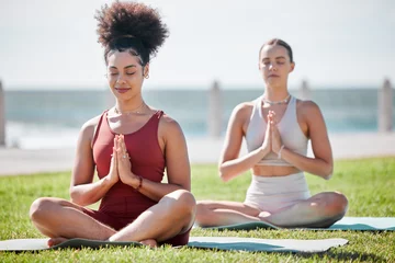 Foto auf Alu-Dibond Yoga, praying pose and couple of friends or women in zen fitness, exercise and mindfulness, healing and peace in park. Meditation, spiritual and calm people or USA personal trainer prayer or namaste © T Mdlungu/peopleimages.com