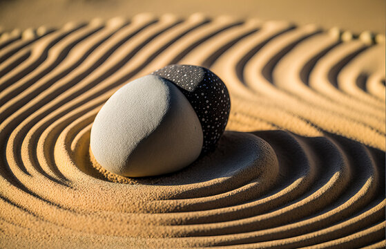 Zen image of rock garden with raked patterns, representing the search for balance and simplicity in life. Minimal color palette, gray and white. Generative AI