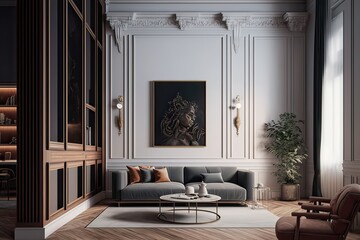 Luxurious apartment interior with beautifully decorated living room and wooden flooring. Photo generative AI