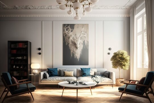 Beautiful Chandelier Illuminating a Homey Living Room in Paris. Photo generative AI