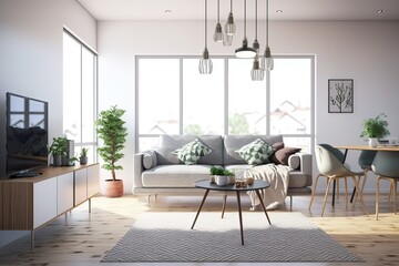 Bright and Airy Scandinavian Design: Interior of a Modern Living Room in Hamburg. Photo generative AI