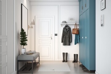 Fototapeta na wymiar Designing a Stylish Apartment in Hamburg: Front Door Entrance With Coat Hook, White Cabinets, Hassock and Mirror in Corridor. Photo generative AI