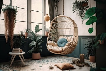 Cozy hanging chair in the loft living room with stylish and bohemia design. Photo generative AI