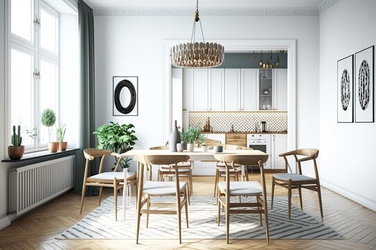 Scandinavian Domestic Dining Room Interior. Photo generative AI