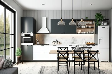 Modern Scandinavian kitchen and dining room. Photo generative AI