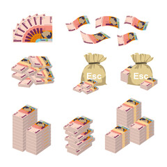 Cabo Verde Escudo Vector Illustration. Huge packs of West African money set bundle banknotes. Bundle with cash bills. Deposit, wealth, accumulation and inheritance. Falling money 2000 CVE