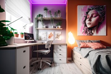 Modern, bright, teenager room. Photo generative AI