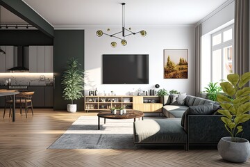 Modern Living Room Interior With Corner Sofa, Houseplant, Television Set And Open Plan Kitchen. Photo generative AI
