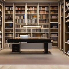 A sleek and modern office with built-in shelves for books and files2, Generative AI