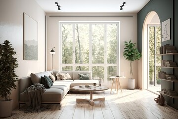 Modern Living Room Interior With Sofa, Coffee Table, Parquet Floor And Garden View From The Window. Photo generative AI