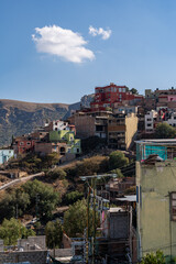 Very beautiful view of the city at sunset in the Mexican city of Guanajuato surrounded by large mountains.