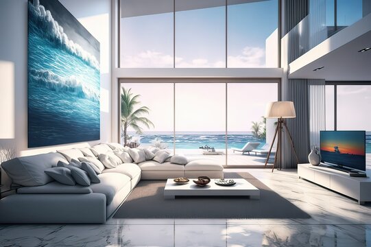 Luxurious Miami Living Room: Modern Interior with Stunning Sea and Beach View. Photo generative AI