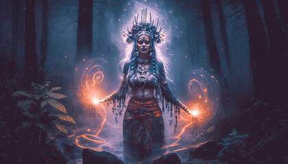 Shaman woman / witch evoking  spirits in a mysterious night forest  Post-processed generative AI