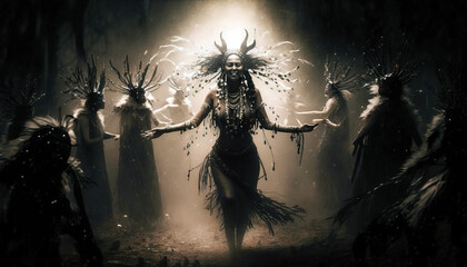 Shaman woman / witch evoking  spirits in a mysterious night forest  Post-processed generative AI