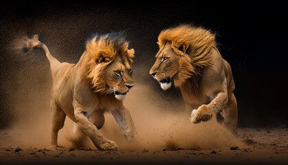 Two lions fighting each other. Post-processed generative AI