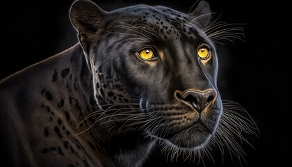 Closeup black panther on black background. Post-processed generative AI