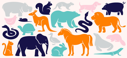 Cartoon animal silhouettes flat icons set. Abstract design of mammals. Shapes of duck, rabbit, snake, car, horse and pig