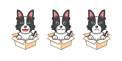 Vector cartoon illustration set of shepherd dog showing different emotions in cardboard boxes for design.