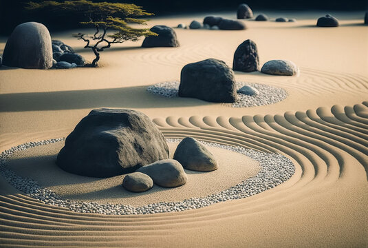 Traditional Japanese garden, with raked gravel and strategically placed stones. Image reflecting calm and clarity through simplicity and repetition. Generative AI