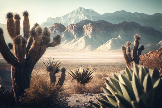 Palm springs landscape, cactus, mountains. Generative AI.
