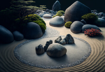 Traditional Japanese rock garden with strategically placed stones. Calm and clarity through simplicity and repetition. Generative AI