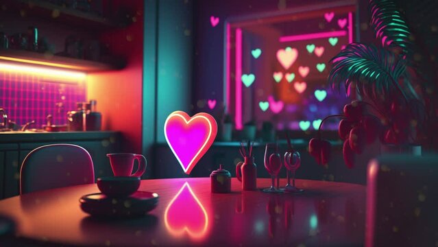 Colorful Valentine's Day Romantic Atmosphere and Decoration, Night Love Vibes and Illuminated Heart Decor