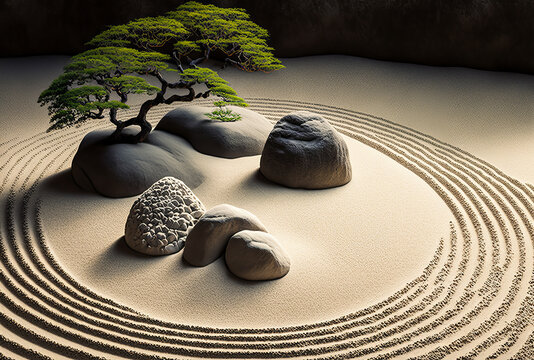 Traditional Japanese garden, composed of gravel and strategically placed stones. An image to promote calm and feelings of introspection. Generative AI