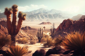 Palm springs landscape, cactus, mountains. Generative AI.