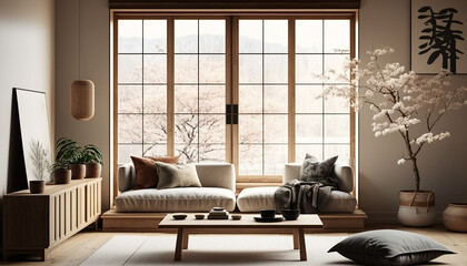 Japandi Serene Living Room, Generative AI