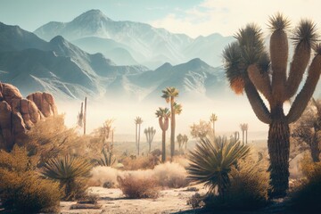 Palm springs landscape, cactus, mountains. Generative AI. - obrazy, fototapety, plakaty